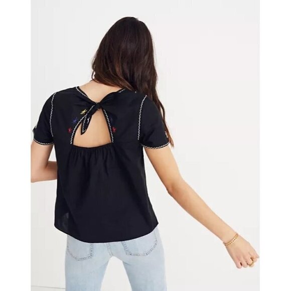Madewell Black Embroidered Tie Back Cut Out Short Sleeve Blouse XS - Picture 2 of 5